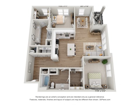 Floor plan for 2 beds, 2 baths, 1319 sqft